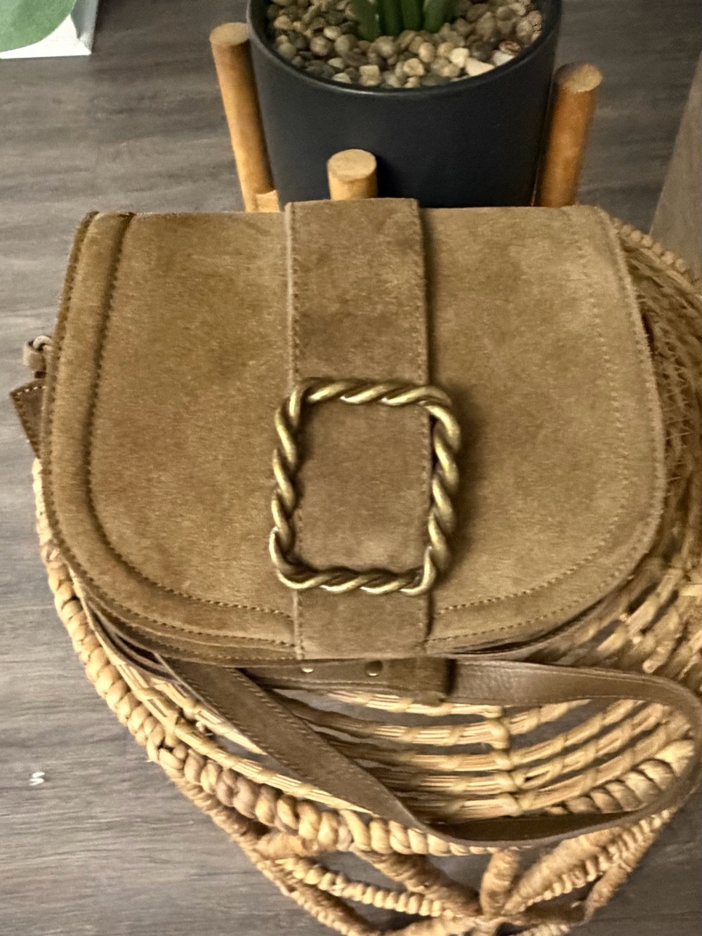 MNG Mango Brown Genuine Suede Leather Crossbody Bag Boho Buckle